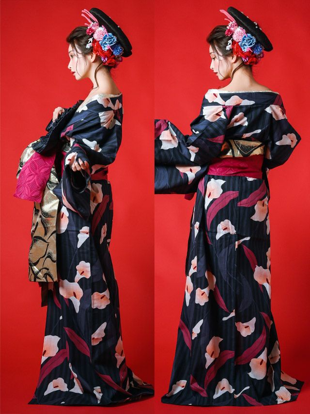 [花魁浴衣]濃紺×縞模様×アヤメ柄 花魁 ゆかた5点SET[浴衣＋下駄＋平帯＋飾り兵児帯＋肌襦袢][みゆう着用]