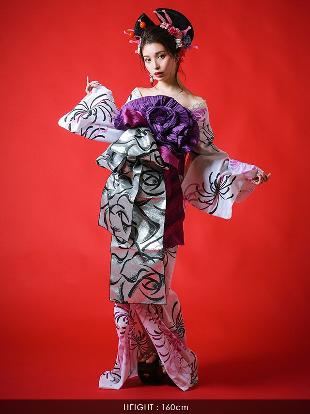 [花魁浴衣]白色×乱菊柄 花魁 ゆかた5点SET[浴衣＋下駄＋平帯＋飾り兵児帯＋肌襦袢][みゆう着用]