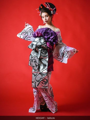 [花魁浴衣]白色×乱菊柄 花魁 ゆかた5点SET[浴衣＋下駄＋平帯＋飾り兵児帯＋肌襦袢][みゆう着用]