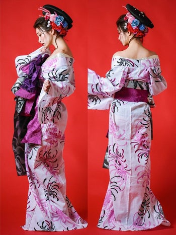 [花魁浴衣]白色×乱菊柄 花魁 ゆかた5点SET[浴衣＋下駄＋平帯＋飾り兵児帯＋肌襦袢][みゆう着用]