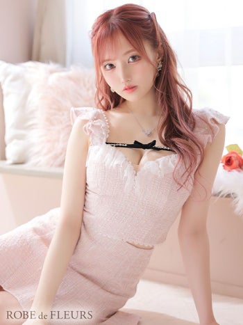 【ROBEdeFLEURS/ローブドフルール】ツイード パール チュール フリル スリーブ リボン セットアップ タイトミニドレス