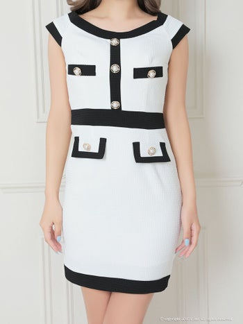 キャバドレス ミニ ドレス an アン モノトーン バイカラー パール ボタン パイピング オフショルダー タイト タイトミニドレス