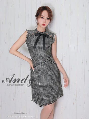 Andy [アンディ]ネックリボン ツイード ノースリーブ フリンジ アシメ フレア 高級ミニドレス[ブラック][青田夏奈/キャバドレス着用][2731]