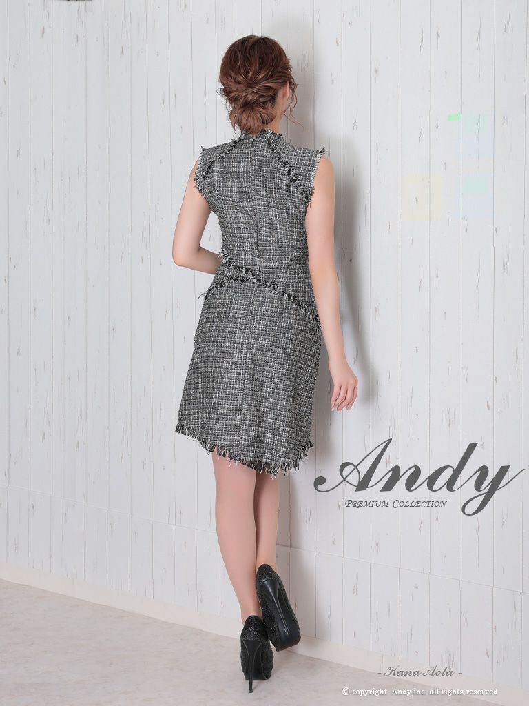 Andy [アンディ]ネックリボン ツイード ノースリーブ フリンジ アシメ フレア 高級ミニドレス[ブラック][青田夏奈/キャバドレス着用][2731]