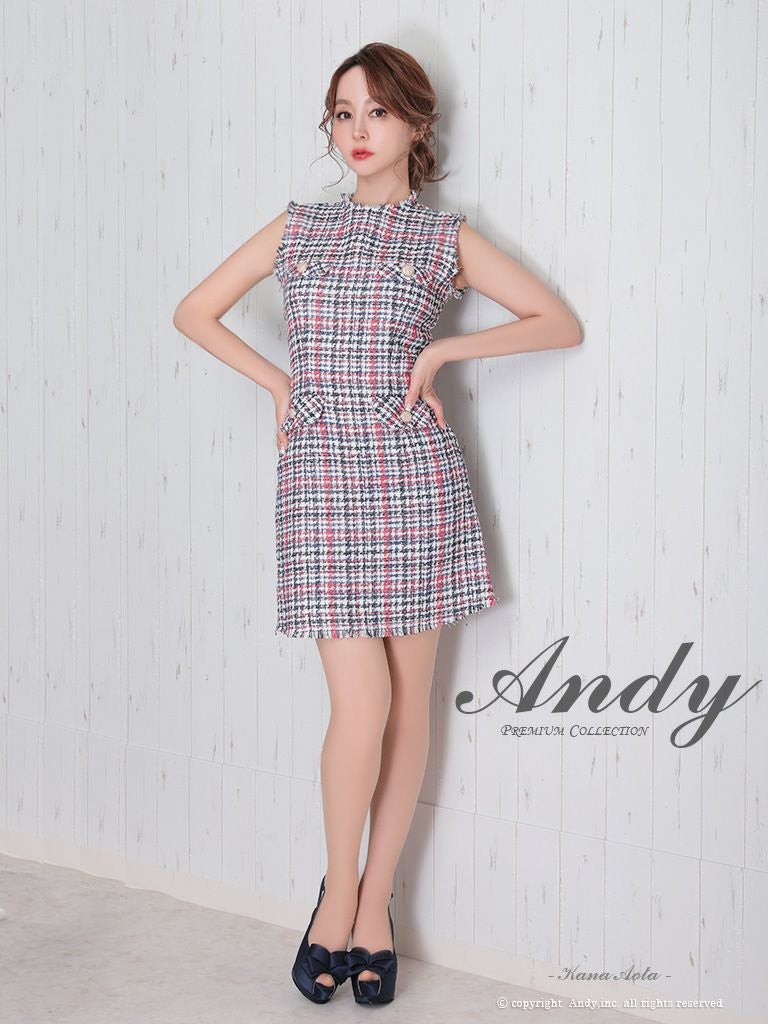 Andy [アンディ]ミックスツイード フリンジ ノースリーブ ボタン フレア 高級ミニドレス[ホワイト][青田夏奈/キャバドレス着用][2733]