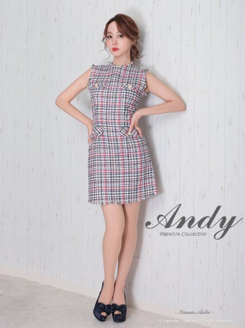 Andy [アンディ]ミックスツイード フリンジ ノースリーブ ボタン フレア 高級ミニドレス[ホワイト][青田夏奈/キャバドレス着用][2733]
