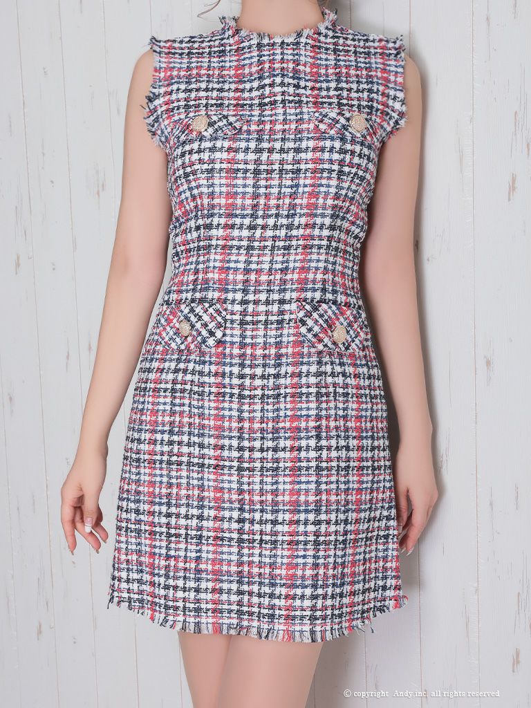 Andy [アンディ]ミックスツイード フリンジ ノースリーブ ボタン フレア 高級ミニドレス[ホワイト][青田夏奈/キャバドレス着用][2733]