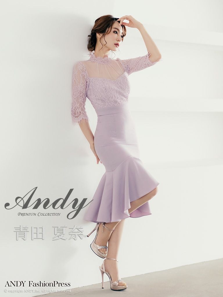 Andy レースタイトドレス パープル Andy/アンディ】ハイネック シースルー切り替えレース 七分袖