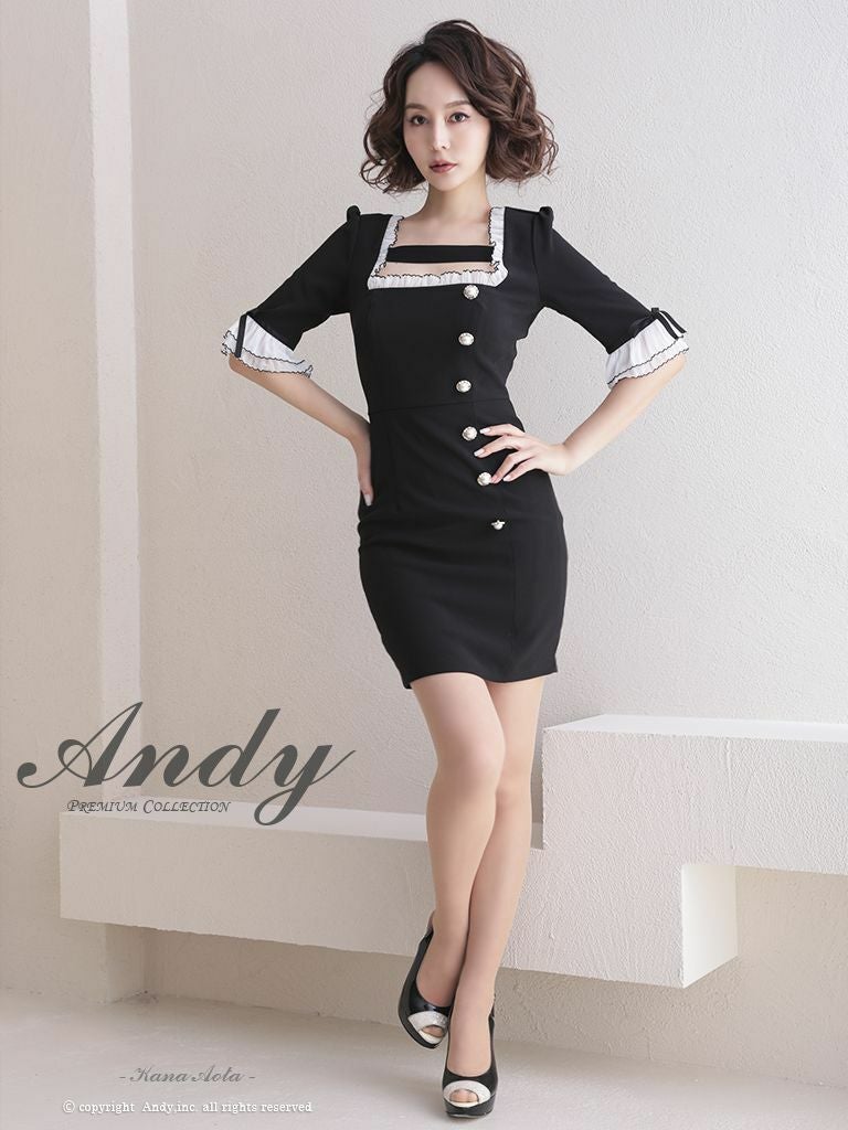 Andy [アンディ]モノトーン パイピング フリル 五分袖 ボタン タイト 高級ミニドレス[ブラックホワイト][青田夏奈/キャバドレス着用][2730]