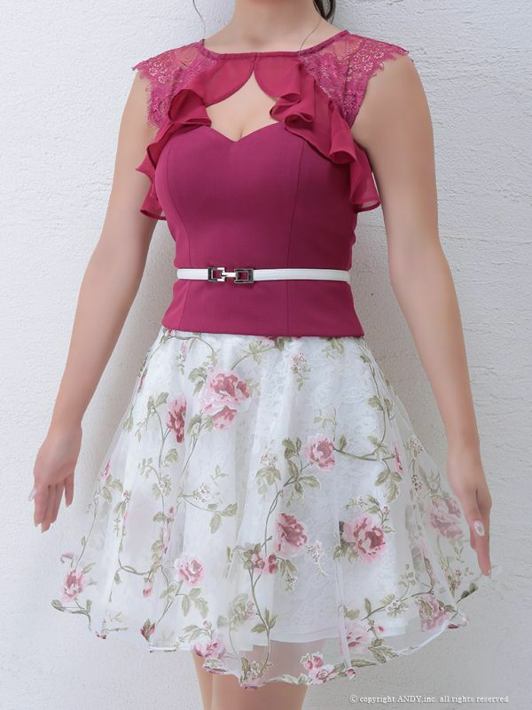 Andy [アンディ]フラワープリント ウエストベルト バストカット フリルシフォン セットアップ フレア 高級ミニドレス[マゼンタピンクxピンクフラワープリント][広村薫/キャバドレス着用][2728]