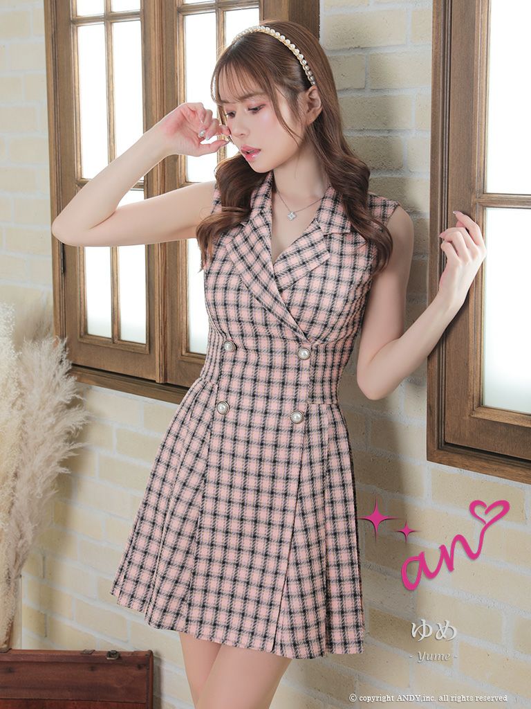 an[アン]チェック柄 テーラードカラー ノースリーブ パールボタン プリーツ フレア 高級ミニドレス[ブラウン][ゆめ/キャバドレス着用][3443]