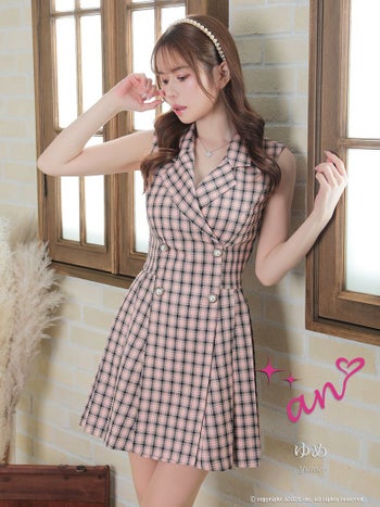 an[アン]チェック柄 テーラードカラー ノースリーブ パールボタン プリーツ フレア 高級ミニドレス[ブラウン][ゆめ/キャバドレス着用][3443]