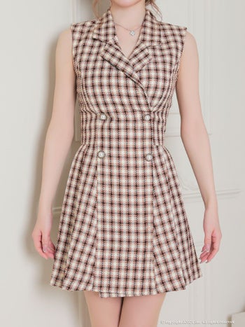 an[アン]チェック柄 テーラードカラー ノースリーブ パールボタン プリーツ フレア 高級ミニドレス[ブラウン][ゆめ/キャバドレス着用][3443]