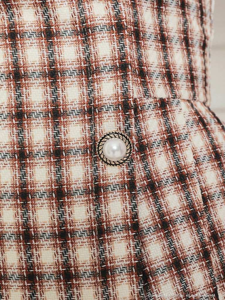 an[アン]チェック柄 テーラードカラー ノースリーブ パールボタン プリーツ フレア 高級ミニドレス[ブラウン][ゆめ/キャバドレス着用][3443]