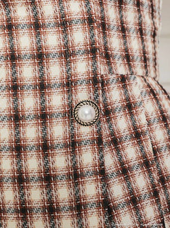 an[アン]チェック柄 テーラードカラー ノースリーブ パールボタン プリーツ フレア 高級ミニドレス[ブラウン][ゆめ/キャバドレス着用][3443]