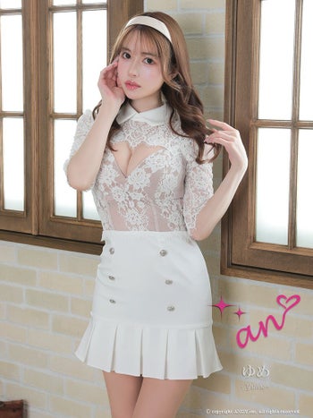 an[アン]襟付き バストカットデザイン レーススリーブ 切替 裾プリーツ タイト 高級ミニドレス[ホワイト][ゆめ/キャバドレス着用][3431]