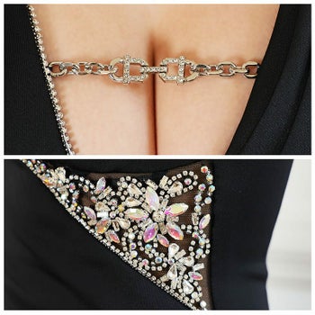 [Veautt][ヴュート]ワンカラー タックデザイン チェーン ビジュー ジップスリット タイト 高級 ひざ丈ドレス[ブルー][ゆめ/キャバドレス着用][12238]