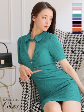 ROBEdeFLEURS Glossy[ローブドフルール グロッシー]バストカット ウエストカット ワンカラー 襟付き 半袖 タイト 高級ミニドレス[ホワイト][XS/Lあり][真優川 咲/キャバドレス着用][3134]