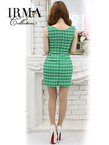 IRMA[イルマ]チェック柄 フロントジップ ベルト サイドカット タイト 高級ミニドレス[グリーン][真優川咲/キャバドレス着用][35870]