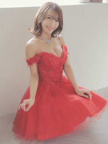 [インポート]2way オフショルダー ワンカラー 刺繍 ラメ チュール フレアミニドレス[レッド][XSあり][橋本梨菜/キャバドレス着用][731]