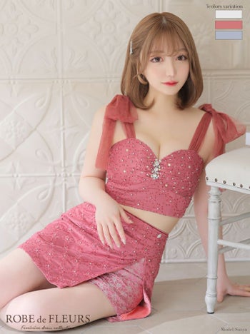 ROBE de FLEURS[ローブドフルール]リボンチュール ビジュー 刺繍 ワンカラー セットアップ スリット 高級ミニドレス[アイボリー][えみう/キャバドレス着用][2774]