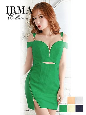 IRMA[イルマ]ワンカラー オフショル ジップデザイン ストレッチ タイト 高級ミニドレス[レモンイエロー][真優川咲/キャバドレス着用][35831-1]