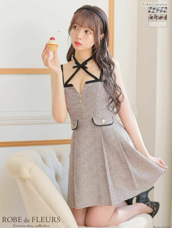 ROBEdeFLEURS/ローブドフルール】キャミソール リボン チョーカー 千鳥