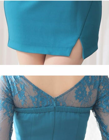 ROBEdeFLEURS Glossy[ローブドフルール グロッシー]バスト ビジュー ストレッチ 袖あり タイトミニドレス[ブルーグリーン][真優川 咲/高級キャバドレス着用][2821]