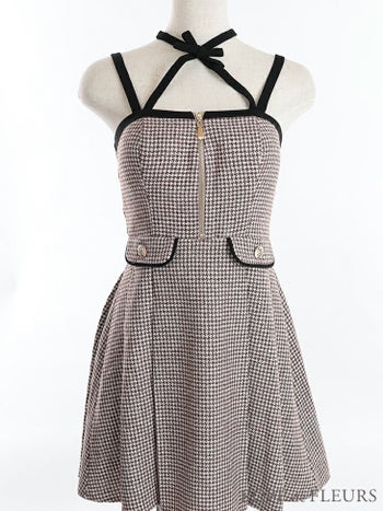 ROBEdeFLEURS[ローブドフルール]リボン チョーカー ツイード ノースリーブ フレアミニドレス[ホワイト][かんな/高級キャバドレス着用][2656-1]