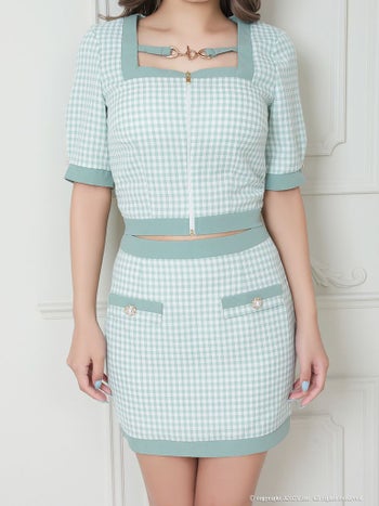 キャバドレス ミニ ドレス an アン ギンガム チェック柄 スクエア ネック セットアップ ジップデザイン 半袖 タイトミニドレス