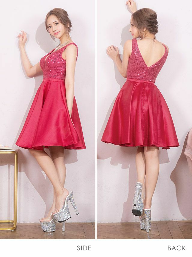 [インポート]キラキラスパンコール 切り替えサテン ノースリーブ フレアミニドレス[ホットピンク][天乃えま/高級キャバドレス着用][8954]