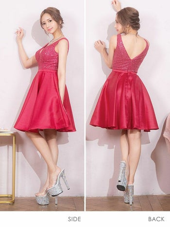 [インポート]キラキラスパンコール 切り替えサテン ノースリーブ フレアミニドレス[ホットピンク][天乃えま/高級キャバドレス着用][8954]