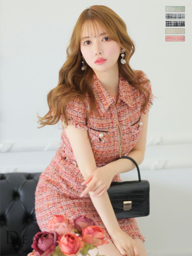 【DEA.by ROBE de FLEURS/ディア】バストジッパー チェック ツイード 半袖 タイトミニドレス (de2733)