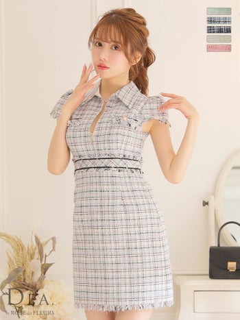 【DEA.by ROBE de FLEURS/ディア】半袖 チェック ツイード バストジッパー タイトミニドレス (de2733)