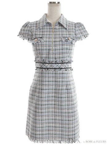 【DEA.by ROBE de FLEURS/ディア】フロントジッパー 半袖 チェック スプリングツイード タイトミニドレス (de2733)