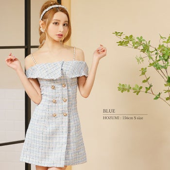 予約商品【9月上旬入荷予定】【PURESS/ピュアレス】ツイード オフショルダー ボタンチェック フレアミニドレス (PS802307)