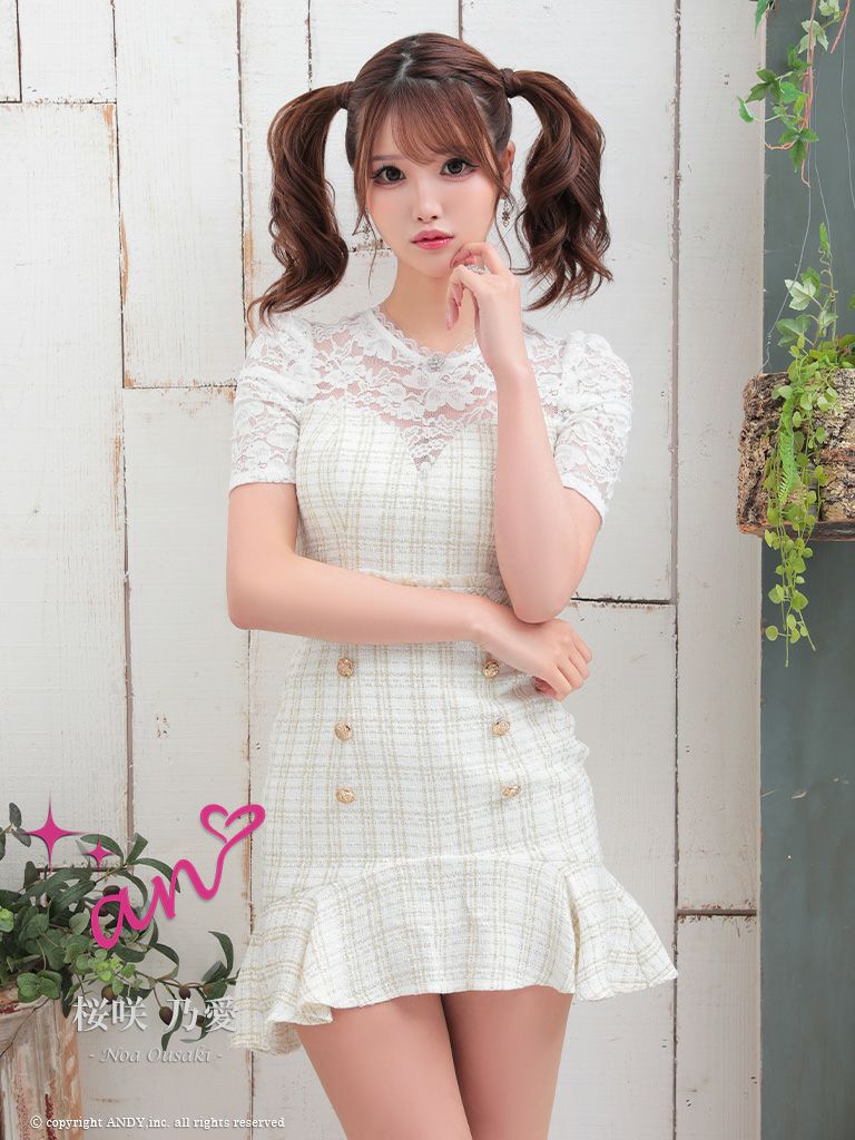 【an/アン】チェック ツイード レース 半袖 フレアミニドレス (AOC-3521)