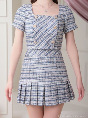 【an/アン】ミックス ツイードボタン セットアップ プリーツ 半袖 フレアミニドレス (AOC-3410)