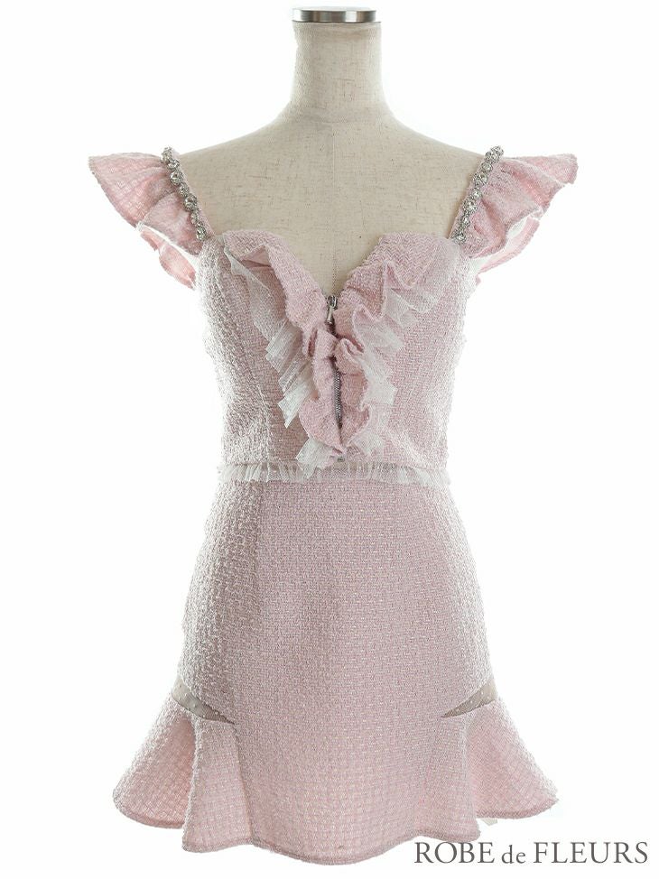 【ROBEdeFLEURS/ローブドフルール】パールフリル ジップ マーメイド セットアップ ノースリーブ タイトミニドレス