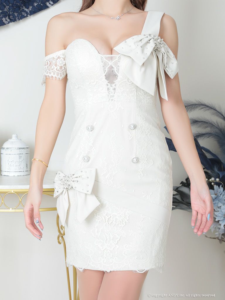 【an/アン】 総レース リボン パール ワンショルダー タイトミニドレス (AOC-3424)