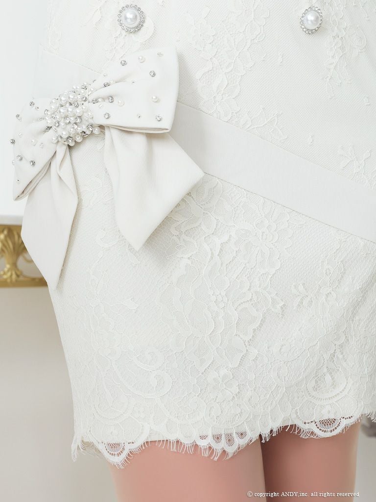 【an/アン】 総レース リボン パール ワンショルダー タイトミニドレス (AOC-3424)