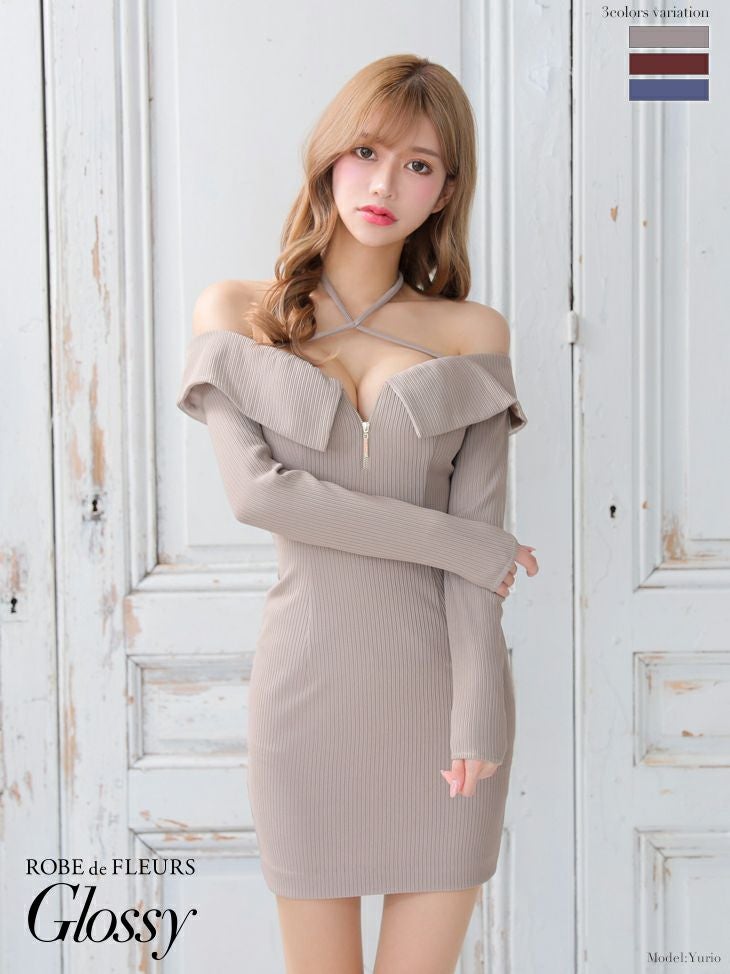 Glossy by ROBE de FLEURS/グロッシー】クロス ジップ オフショルダー