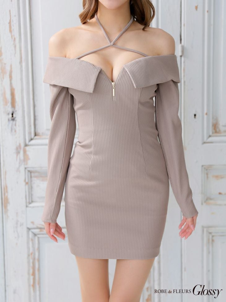 【Glossy by ROBE de FLEURS/グロッシー】クロス ジップ オフショルダー ニット 長袖 タイトミニドレス (gl2893)