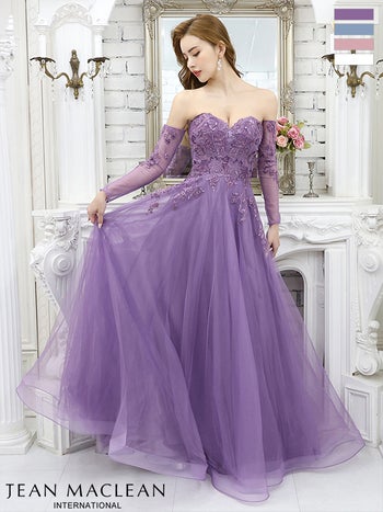 【JEANMACLEAN/ジャンマクレーン】フラワーレース 姫 スリーブ付き ベアトップ フレアロングドレス