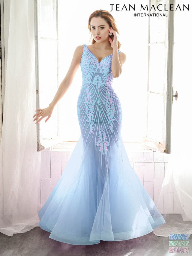 【JEANMACLEAN/ジャンマクレーン】スパンコールレース ネット ノースリーブ タイトロングドレス