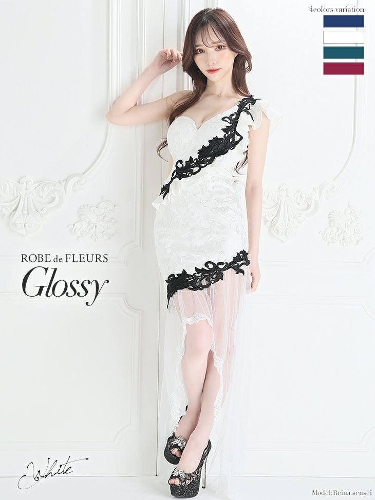 【Glossy by ROBE de FLEURS/グロッシー】 ワンショルダー アシンメトリー 前ミニ チュール ミニドレス