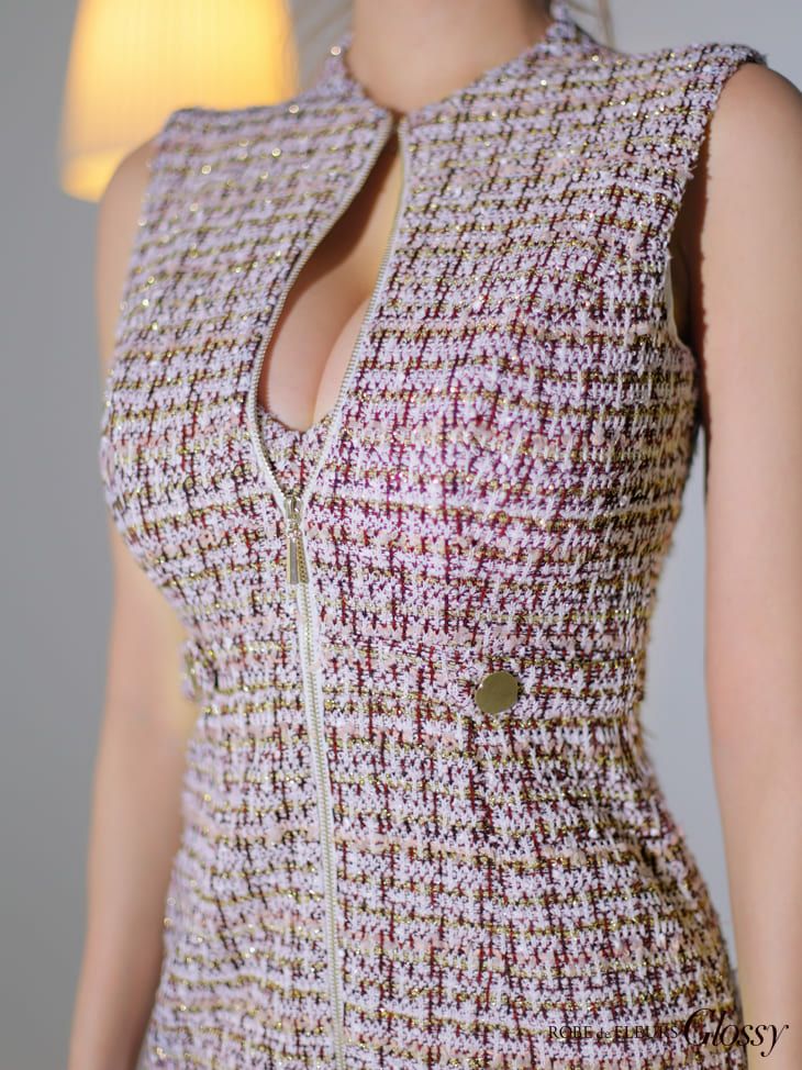 【Glossy by ROBE de FLEURS/グロッシー】セクシー バストジッパー ツイード タイトミニドレス