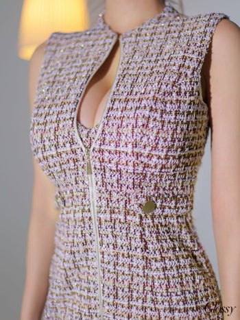 【Glossy by ROBE de FLEURS/グロッシー】シンプル ニットツイード フロントジッパー タイトミニドレス