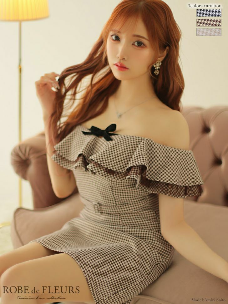 SALE【ROBEdeFLEURS/ローブドフルール】フリル オフショルダー 千鳥柄