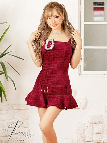 【PURESS/ピュアレス】 パールビジュー ビックバックルベルト ツイード フレアミニドレス